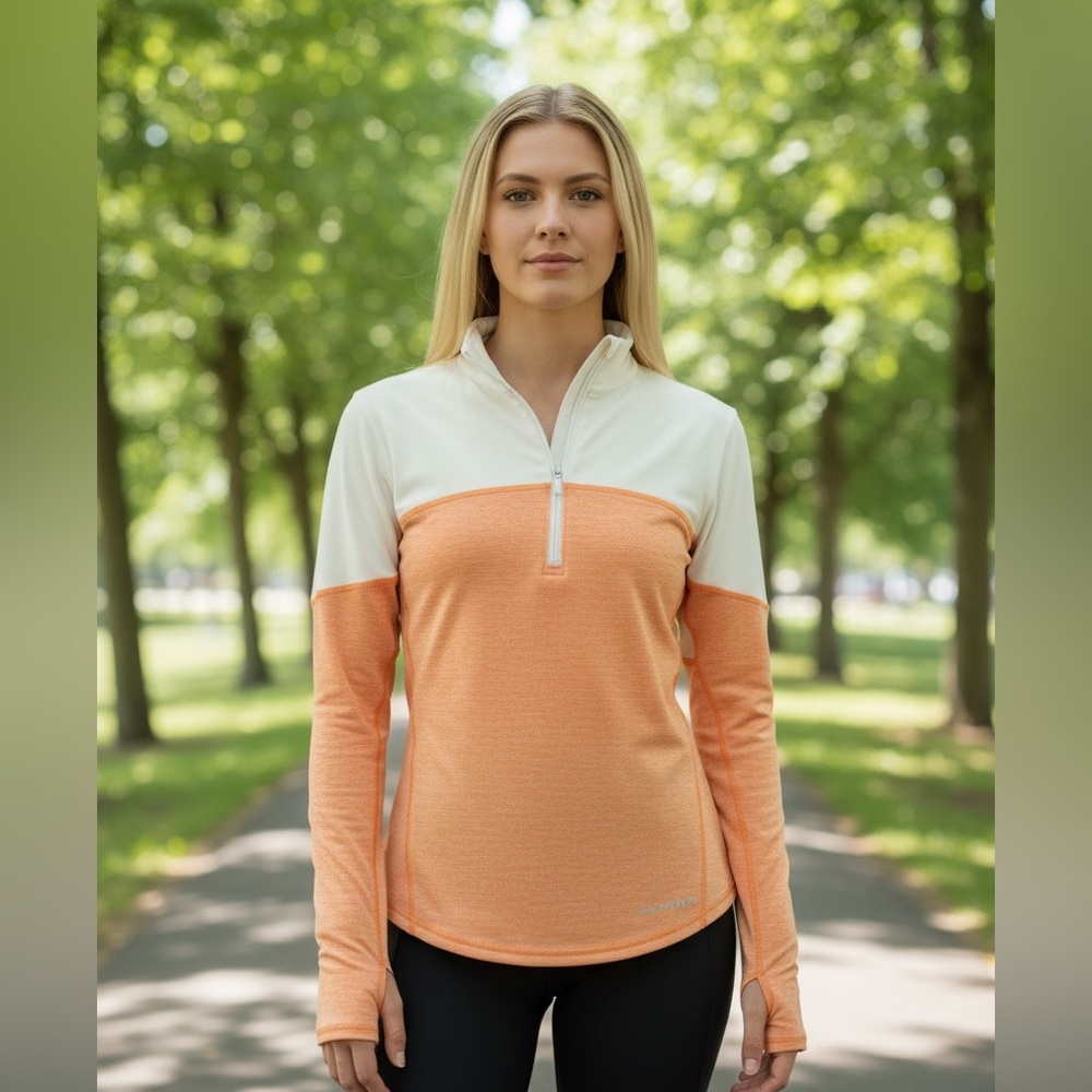 Brooks Orange White Colorblock 1/4 Zip Running Pullover Thumbholes
